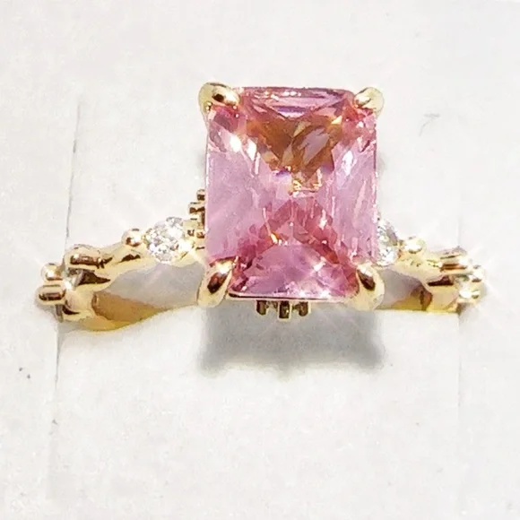 Princess Cut Pink CZ Ring Gold Plated Brass Size 7 - Picture 4 of 17